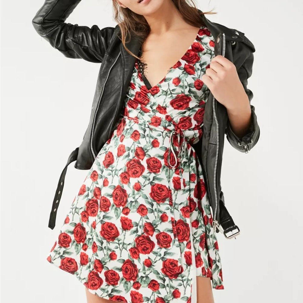 Wyldr London red white floral satin Cherry Rose Mini Wrap Dress
